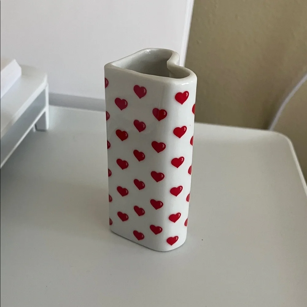 vintage small porcelain red Heart Patterned White Vase